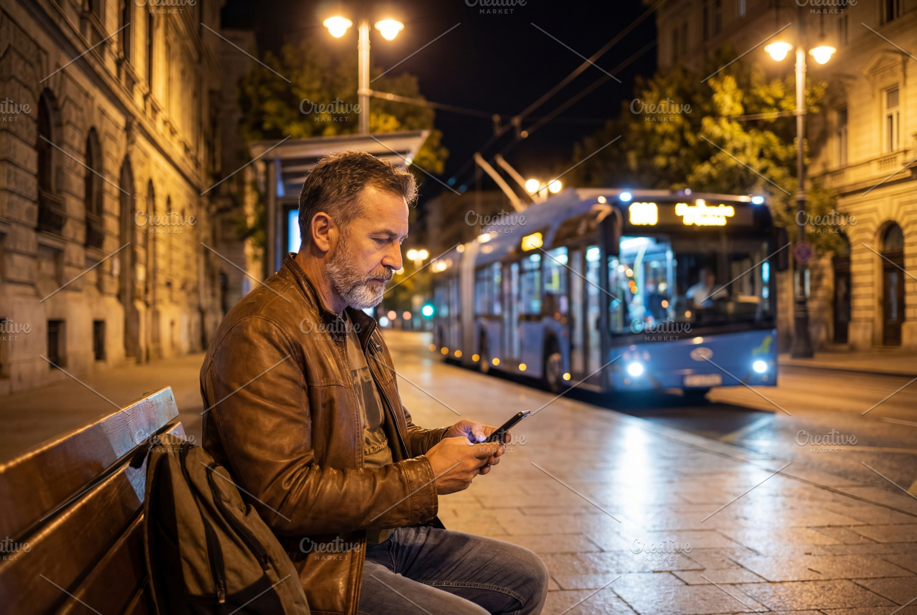 Man Using Smartphone, City Bus Stop, a Transportation Photo by Virgo Studio