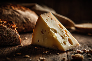 Cheese and bread on a wooden table, a Photo by Beautiful things