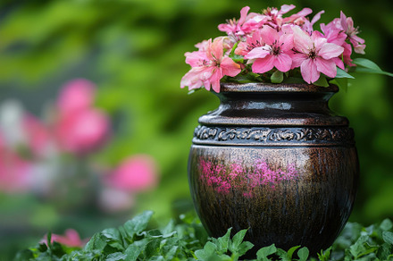 Vibrant pink flowers in decorative p, a Photo by Tanuart