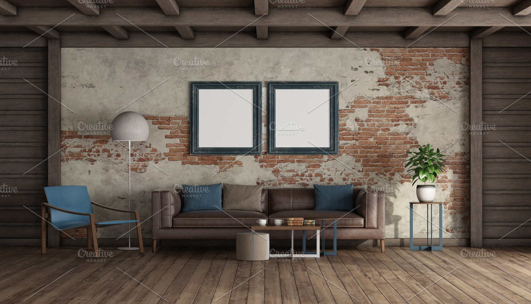 Old living room with brick wall and modern furniture, an Architecture Photo by Archideaphoto
