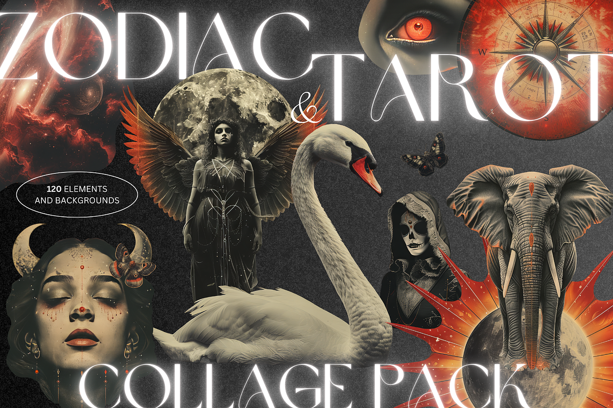 Zodiac symbol and Tarot card collage