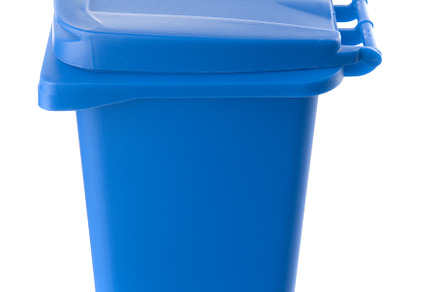 Plastic blue trash can isolated on white background