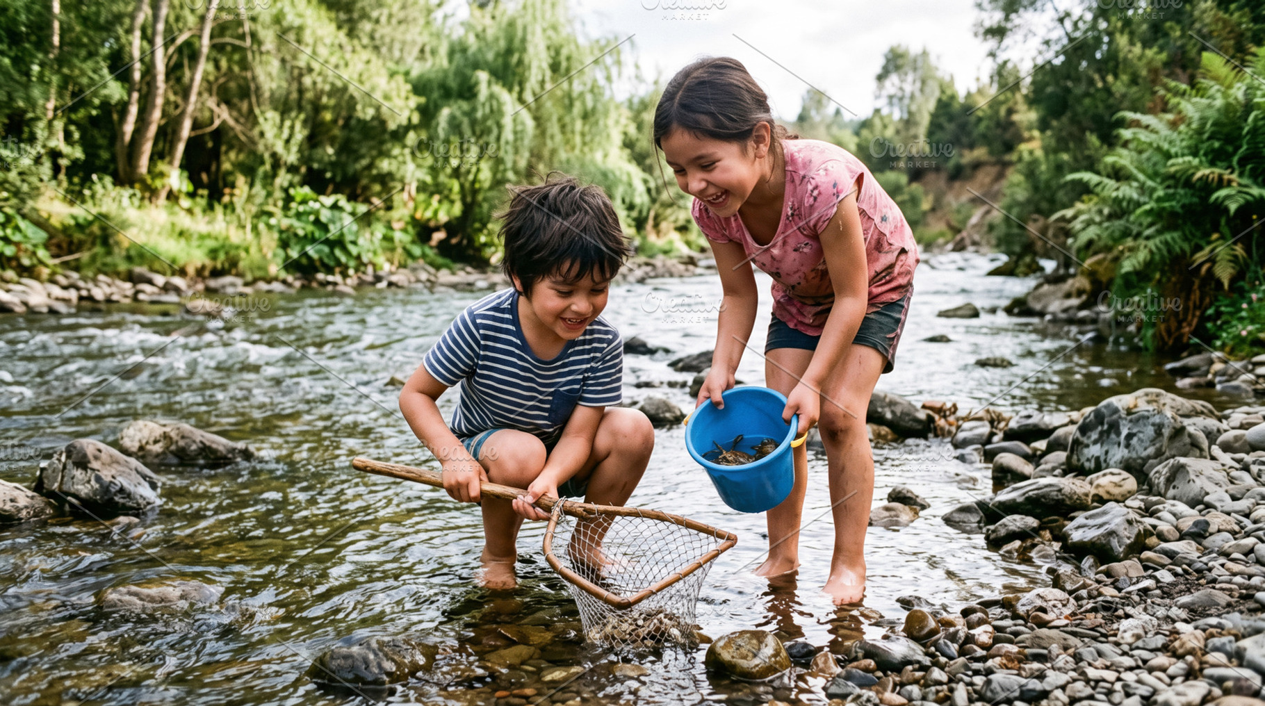 Children Catching Fish in a Shallow Forest Stream, a Sports & Recreation Photo by Davizro's Market
