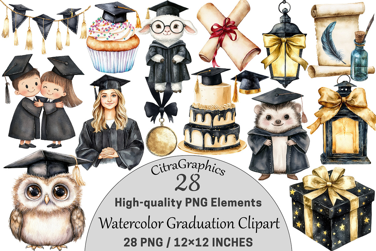 Watercolor Graduation Clipart, a Seasonal Illustration by CitraGraphics (Photo 1 of 4)