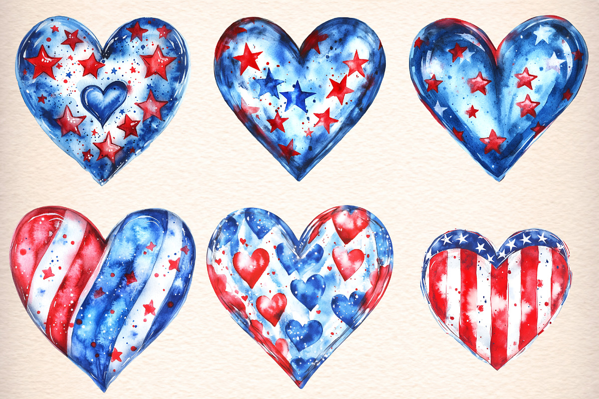 Watercolor Patriotic Hearts Clipart, an Illustration by Digital Artistic99 (Photo 2 of 9)
