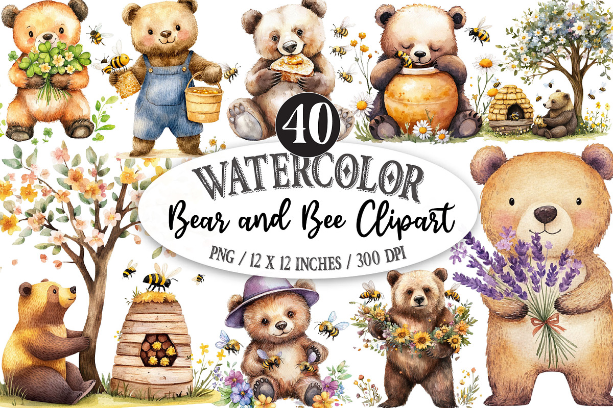 Bear and Bee Watercolor Clipart PNG, a Seasonal Illustration by Designking (Photo 1 of 5)