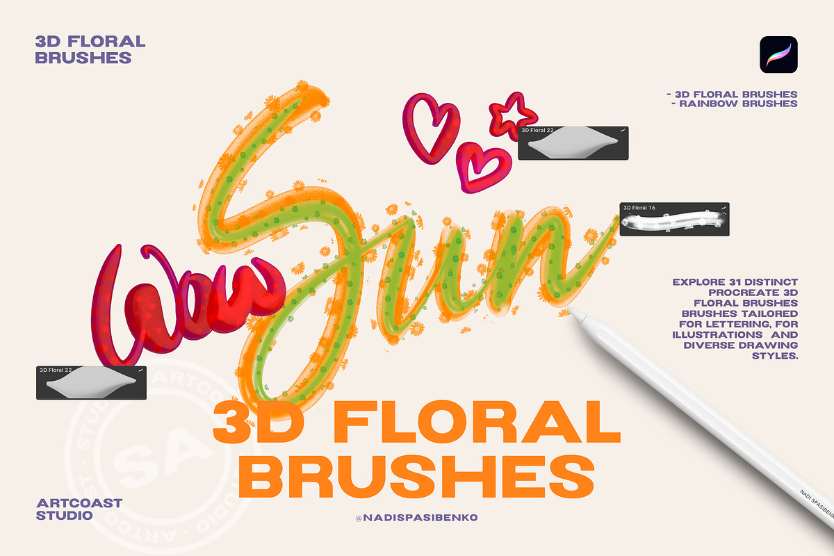 Procreate 3D Floral Brushes, a Brush Add-On by Spasibenko Art