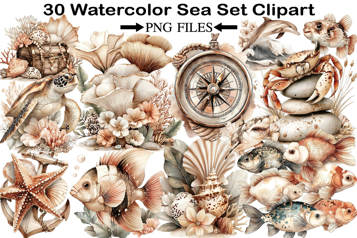Watercolor Sea Set Clipart, an Illustration by Black Bird Studio (Photo 1 of 5)