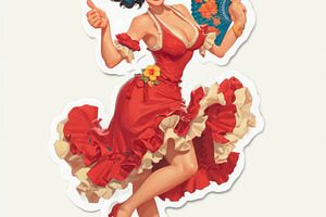 Smiling woman in red ruffled dress dancing with fan and giving t, a Person Photo by José Manuel Gelpi