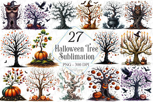 Watercolor Halloween Tree Clipart, a Graphic by designcity5