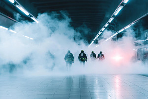Firefighters in subway responding to emergency in smoky tunnel, a Photo by Dvoevnore photos