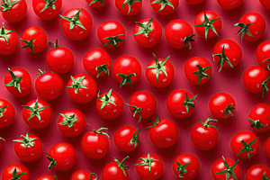 Pattern of ripe red cherry tomatoes on red background, a Food & Drink Photo by AlyaAnd