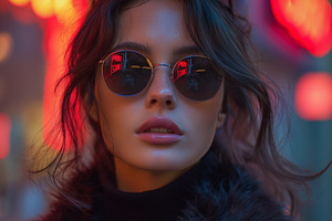 A young Caucasian woman exudes confidence with stylish round sunglasses against, a Person Photo by ImageMir