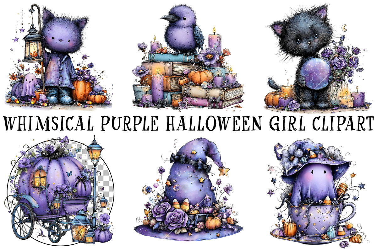 Whimsical Purple Halloween Clipart, a Seasonal Illustration by OK Design (Photo 2 of 6)