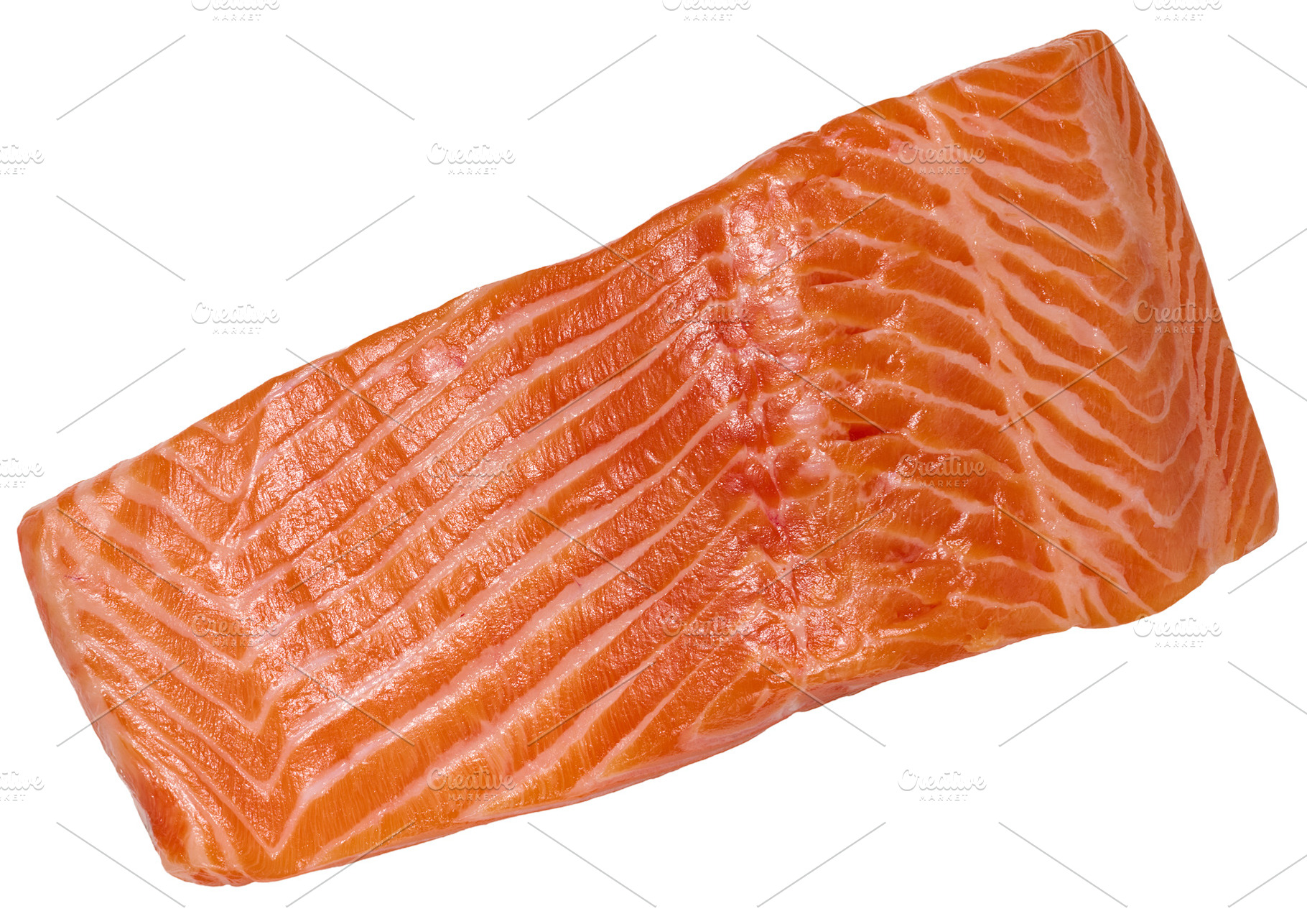 Fresh piece of raw salmon fillet on isolated background., a Food & Drink Photo by ndanko
