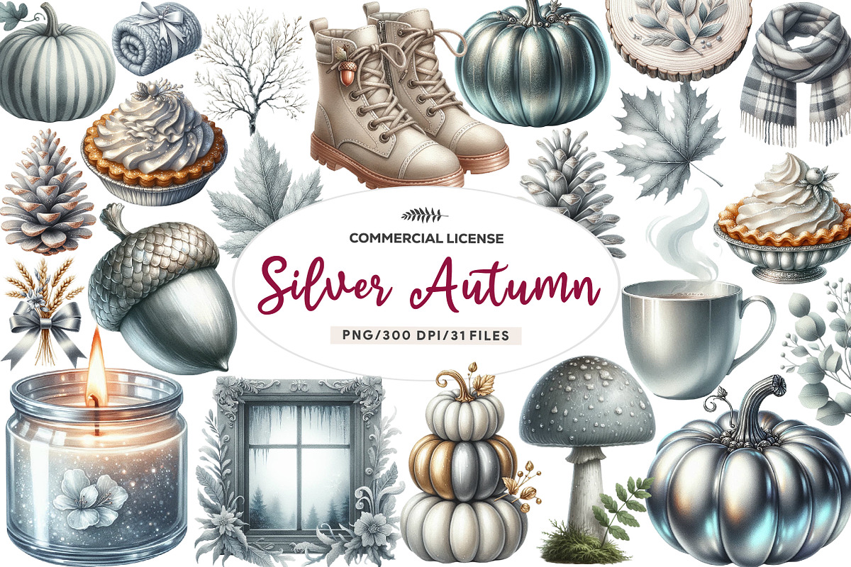 Watercolor Silver Autumn Clipart, an Illustration by CreationArt (Photo 1 of 9)
