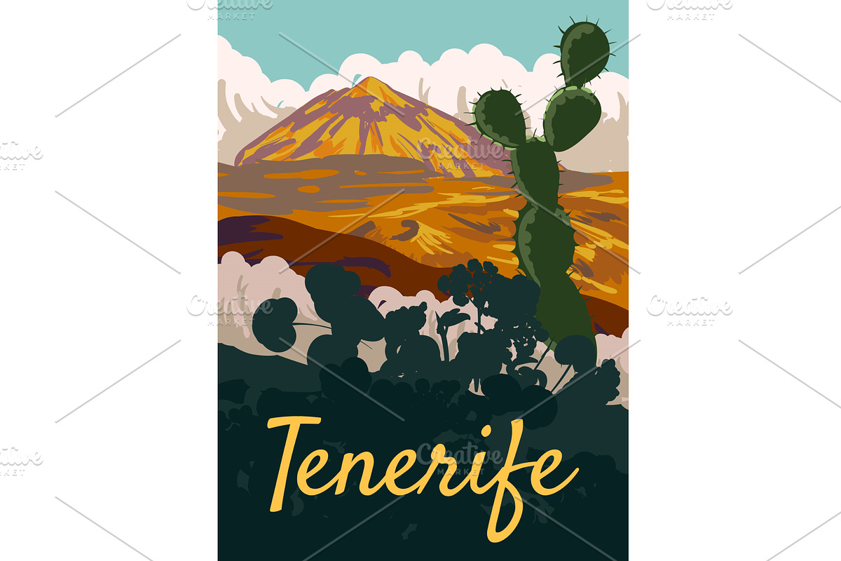 Travel Retro Poster Tenerife, view, a Transportation Illustration by Vector_Up