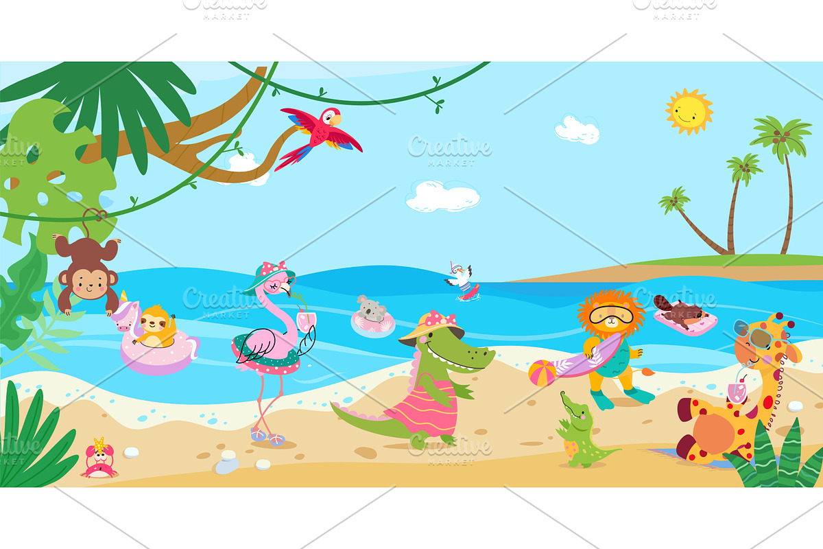 Animals on beach. Different animal, an Animal Illustration by Valerie Bodnar