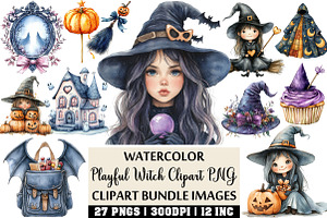 Playful Witch Clipart PNG Set, an Illustration by Craft Nest