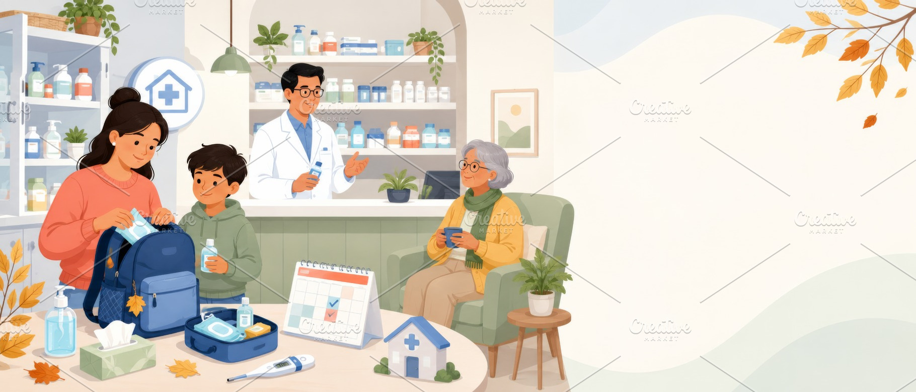 Flu season preparations in pharmacy, a Photo by Dvoevnore photos