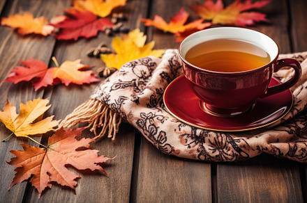 Cup of tea with autumn leaves and scarf. Generative AI, a Food & Drink Photo by AlyaAnd