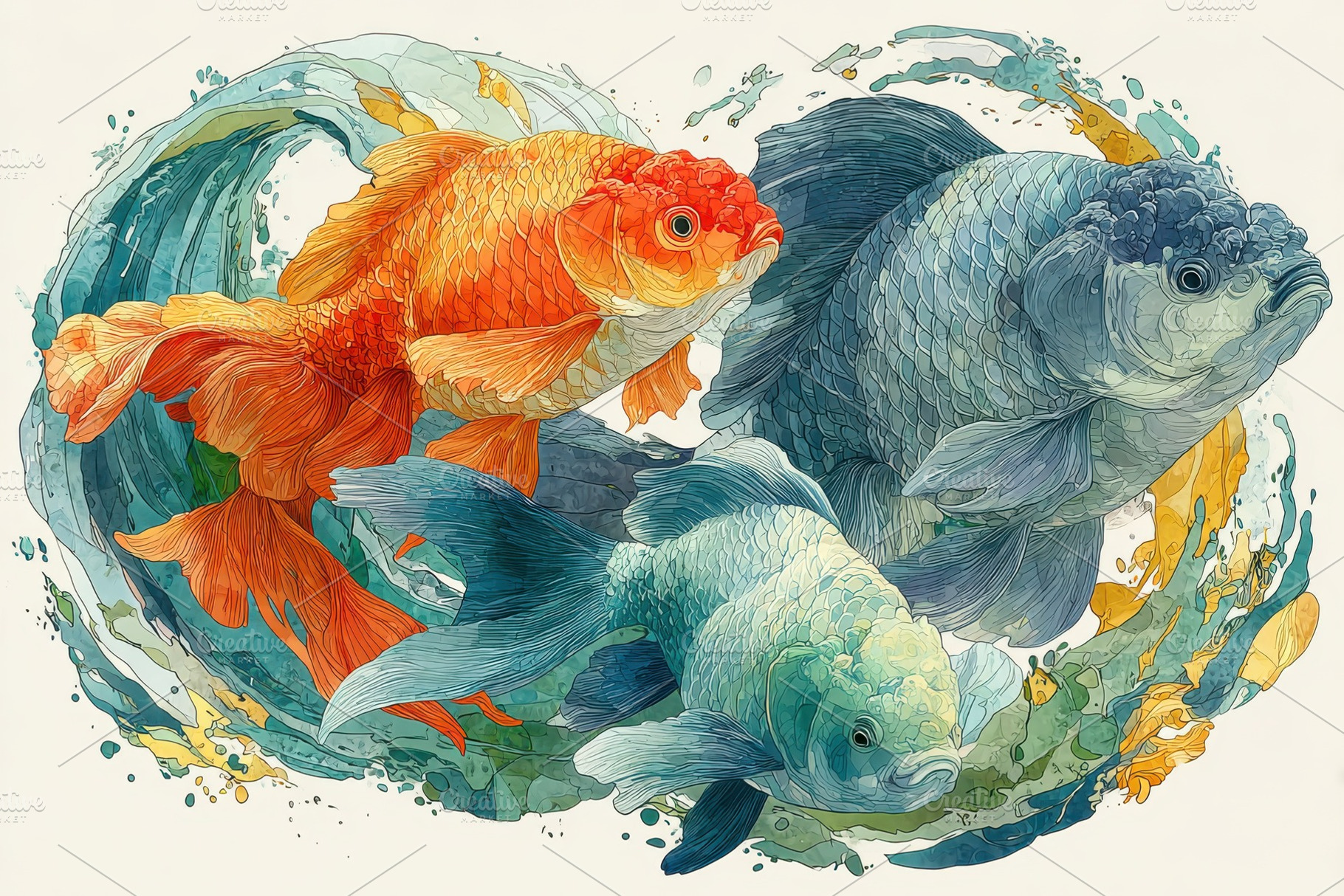 Three goldfish swimming in a vibrant, a Photo by Pixeness Studio