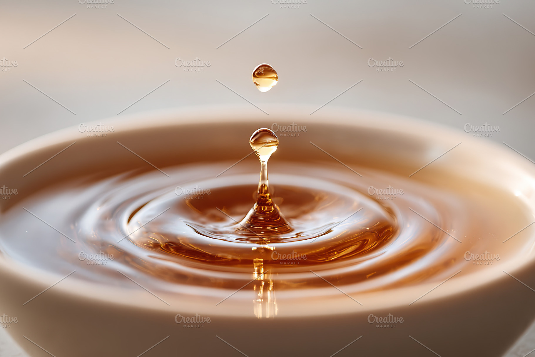 Coffee droplet cascading into a smooth surface, capturing the moment of impact, a Photo by AlyaAnd