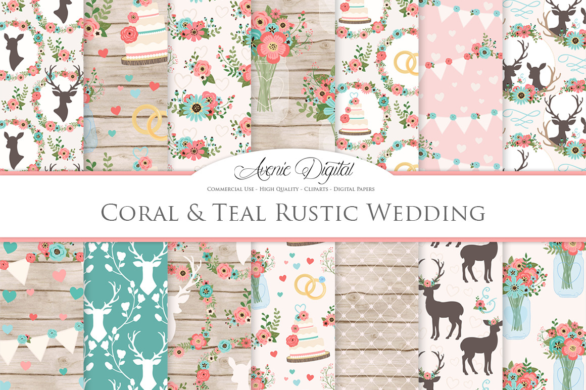 Teal &amp; Coral Rustic Wedding Patterns, a Pattern Graphic by Avenie Digital