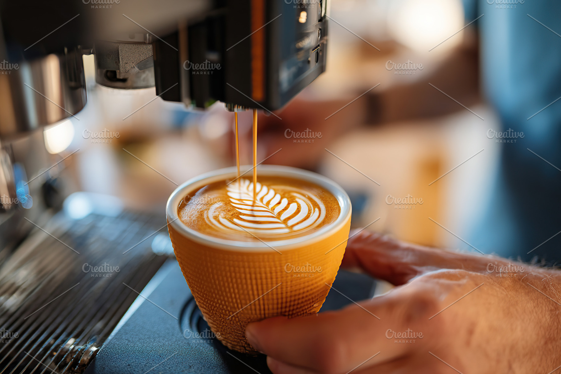 Creating latte art with intricate design in a coffee shop during the afternoon, a Food & Drink Photo by AlyaAnd