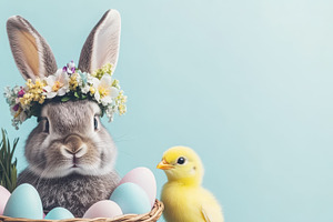 Gray bunny wearing a flower crown with pastel eggs in a basket, alongside a flu, a Holiday Photo by Mashimara