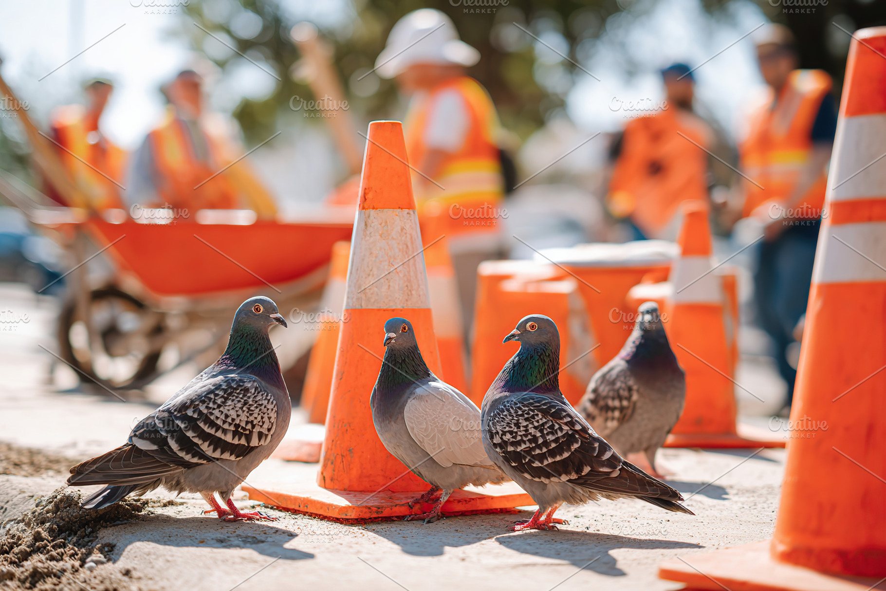 Workers engage in construction while pigeons linger near traffic cones, a Photo by AlyaAnd