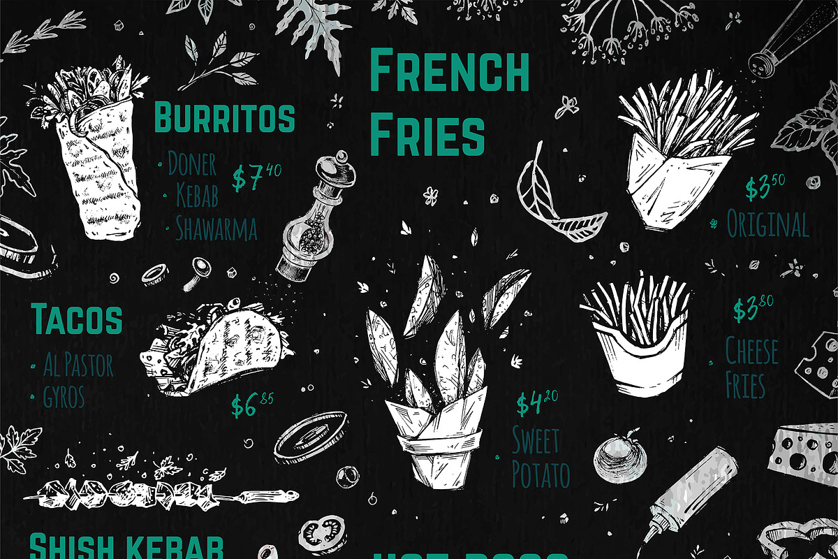 Burger menu. Hand-drawn. Chalk style, a Decorative Illustration by Margo Miller (Photo 11 of 15)