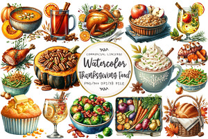 Watercolor Thanksgiving Food Clipart, an Illustration by OK Design