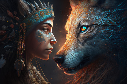 Shamanic woman and wolf