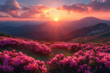 Stunning Sunset View Over Blooming Rhododendron Flowers in the Carpathian Mount, a Photo by AS photostudio