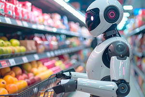 Humanoid android robot shopping with cart in futuristic supermar, an Industrial Photo by GoodGoods