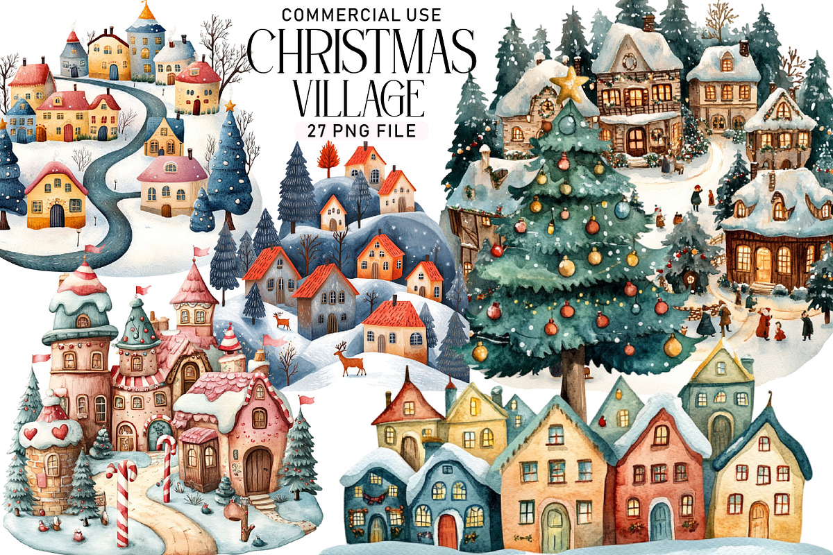 Christmas Village Watercolor Bundle, an Illustration by Daily.Designs (Photo 1 of 5)