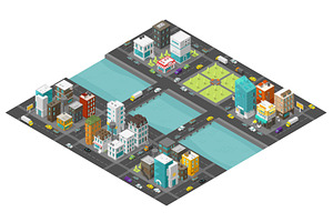 Isometric Big City And Bridge Over