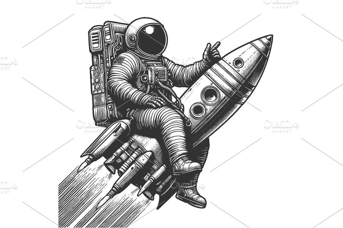 Astronaut Riding Rocket with Peace, a Person Illustration by AlexArt