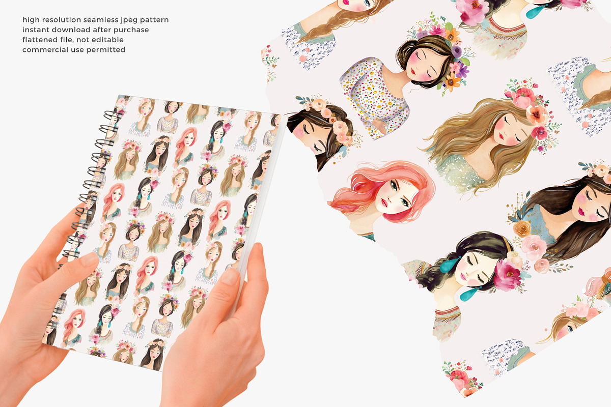Boho girls seamless pattern, a Pattern Graphic by Pink Studio Art (Photo 3 of 4)