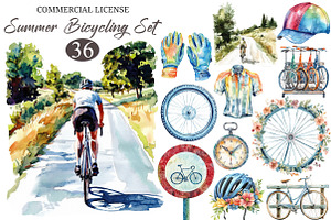 Summer Bicycling Set Clipart, an Illustration by designcity5