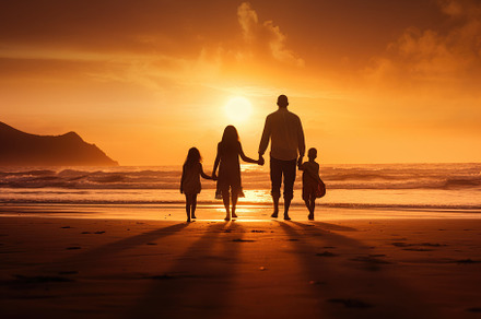 Happy family with dog walking on the, a Photo by Iftikhar Alam