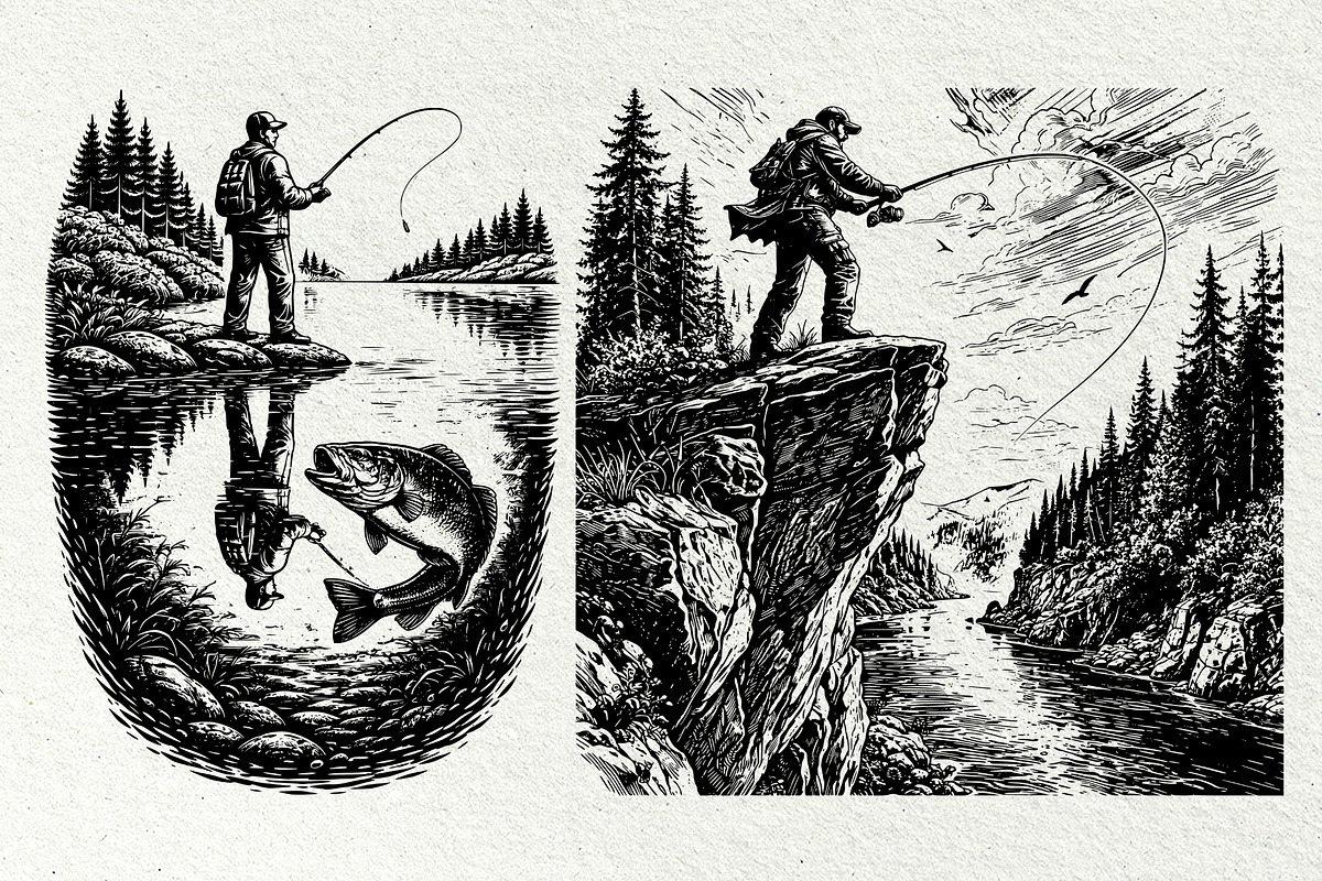 Fishing Scenes Engraving Graphics, a Sport Illustration by DENIDigitalArtSudio (Photo 6 of 8)