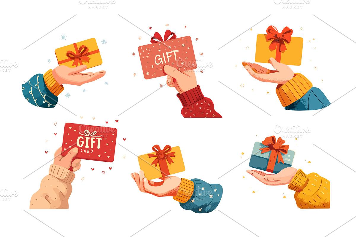 Hands holding gift cards cartoon, an Object Illustration by Onyx