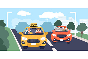 Male instructor is driving in car, an Education Illustration by Vectorbuum