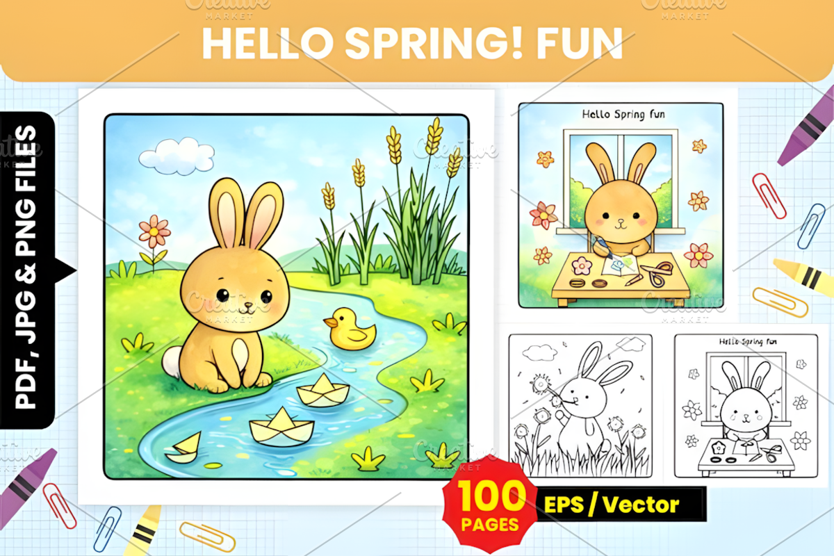 Hello Spring Fun Kids Coloring Pages, an Illustration by Ink Gallery (Photo 1 of 4)