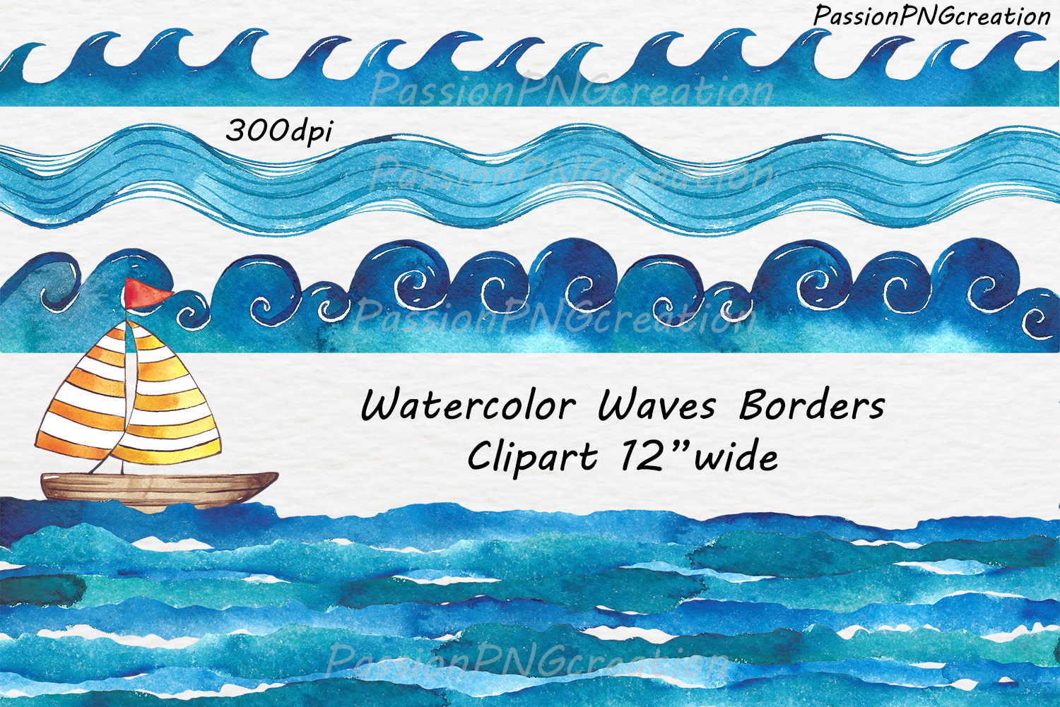 Watercolor Waves Borders Clipart, a Decorative Illustration by  PassionPNGcreation, image size:1500x1001