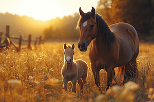 Horses in golden sunlight stand toge, a Photo by Tanuart