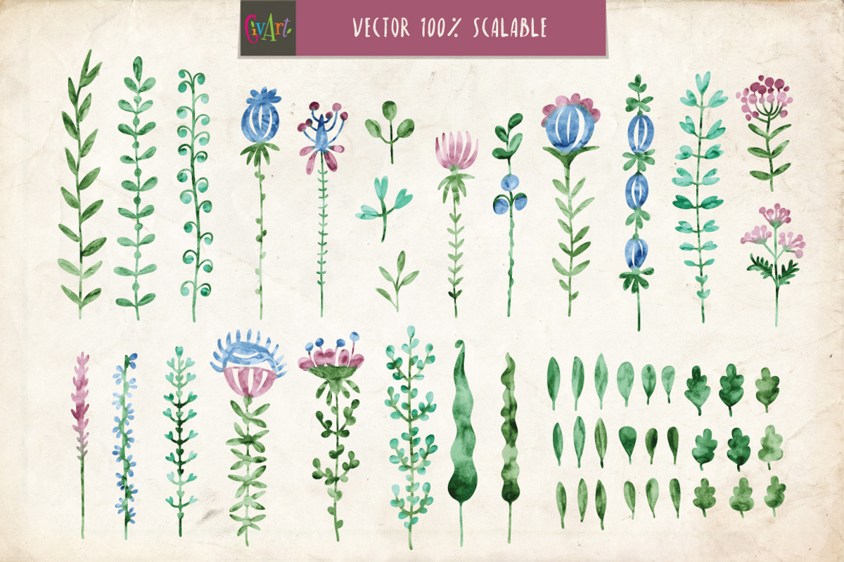 50 floral watercolor vector brushes, a Brush Add-On by SunArt (Photo 2 of 5)