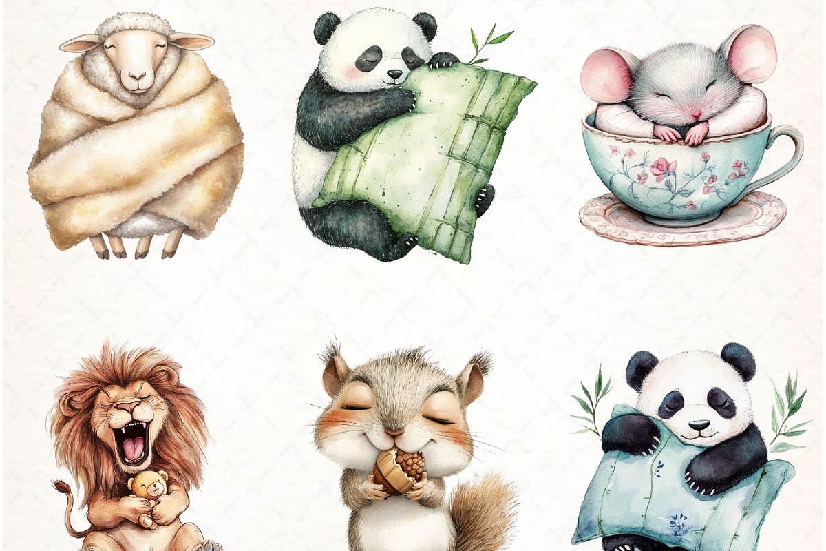 Funny Cartoon Sleepy Quirky Animals, an Illustration by Watercolor design (Photo 2 of 4)